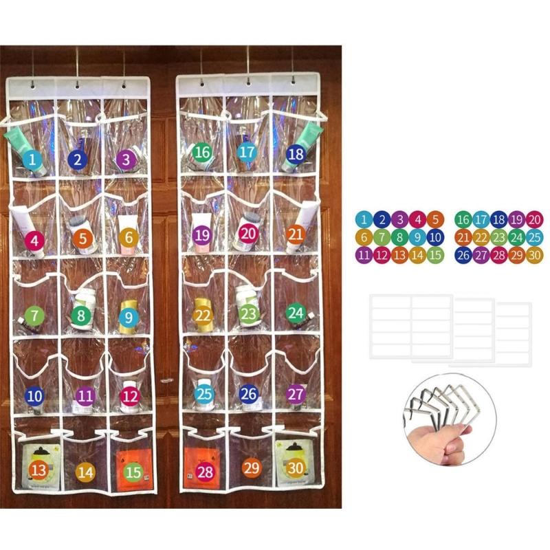 Clear Pocket Wall Storage Set of 2, Hanging Polyester Holder with 15 Front Pockets on Each Panel for Classroom Supplies, Phones and Daily Items