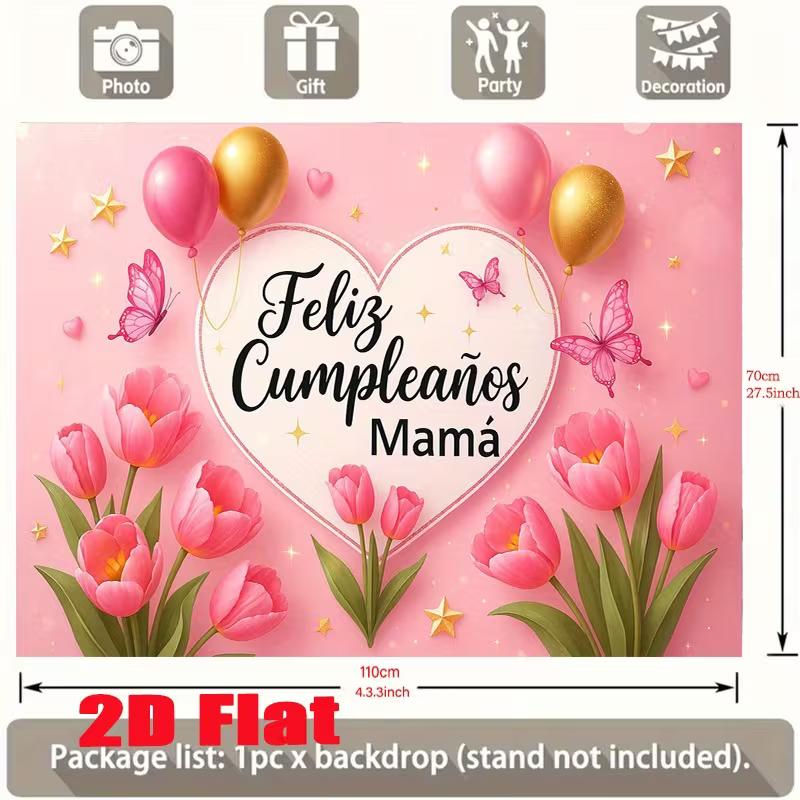 2D Mom Birthday Party Backdrop Pink Tulip & Balloon Decoration Banner