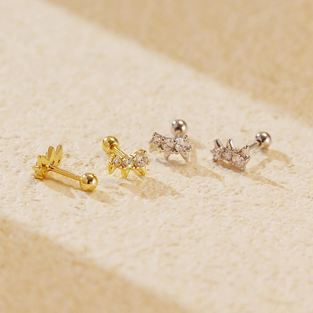 European & American S925 Silver Cross Stud Earrings with Rhinestones and Rivet Design for Cartilage.