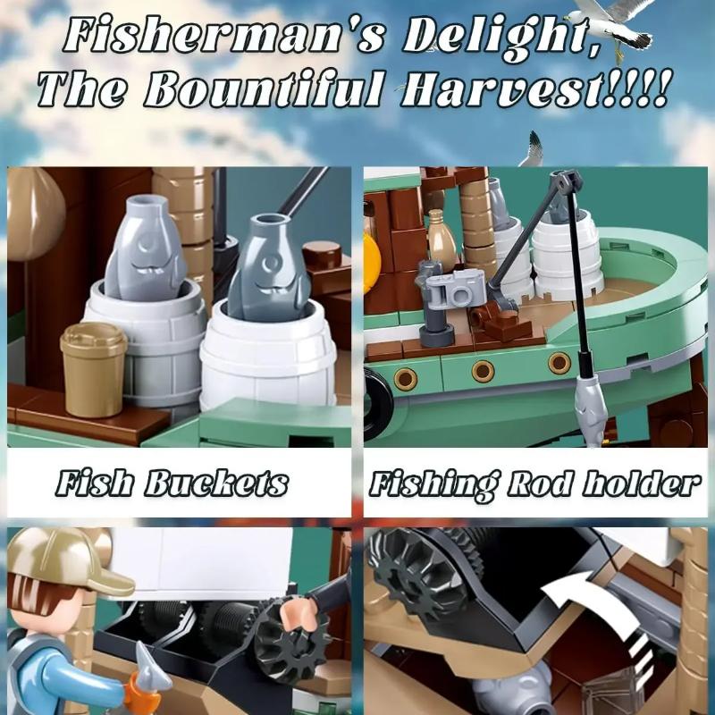 610 SZTUK Klocki Budowlane Łódź Rybacka Model Statku Rybackiego z Mini Figurkami Zestaw Klocków Zabawki do Ekspozycji na Biurko dla Dzieci Prezenty Świąteczne BEZ Pudełka