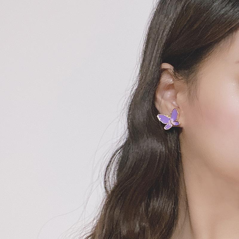 Japanese simple two-color butterfly 925 silver needle earrings, Korean version of trendy small, fresh and less super fairy temperament Mori earrings