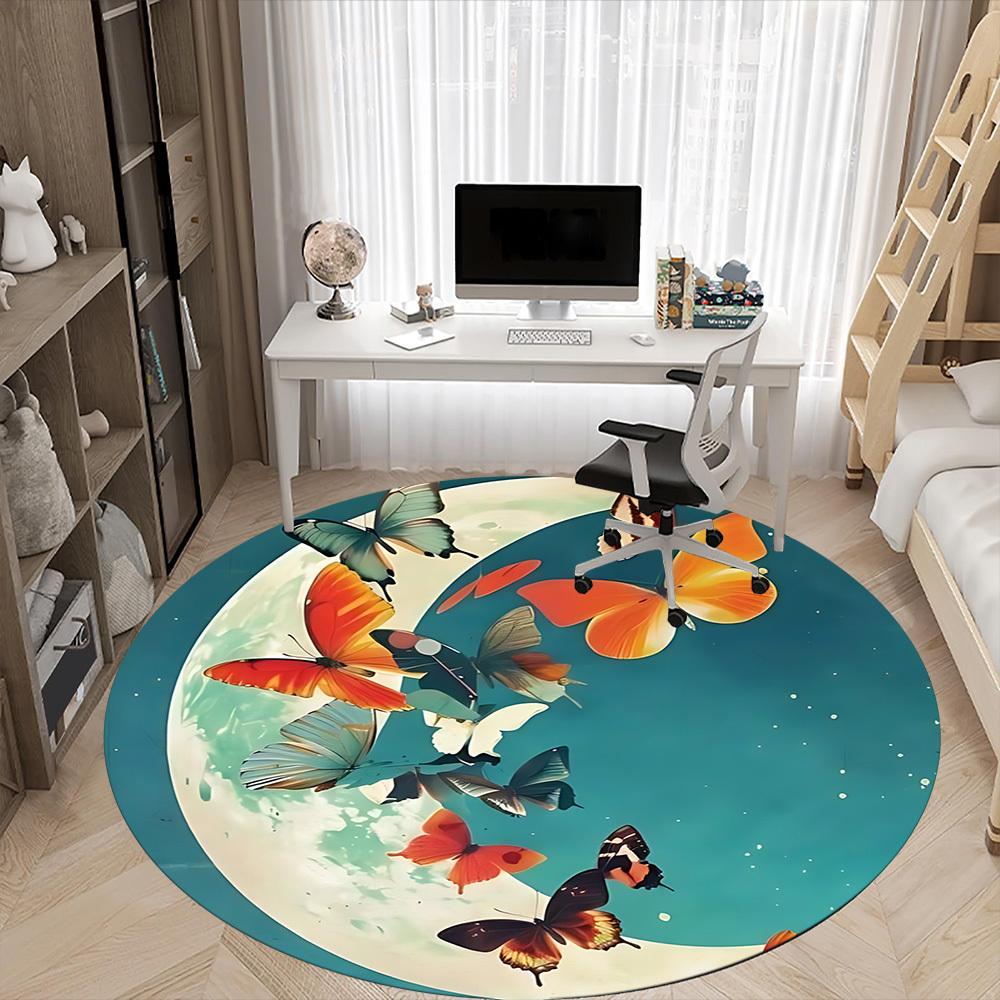 1pc Butterfly Moon Office Round Area Rug, Indoor Mat Suitable ForOffice, Under Office Chairs Bedroom Living Room Home Decor, Room Deco  D075