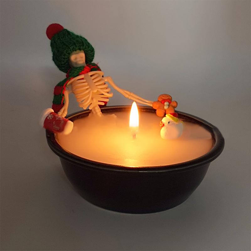 Halloween Skeleton Candle Decorations Ornament Gothic Cauldron Milk Basin Bathing Skull Candle With Hat Scarf Home Decor Gift