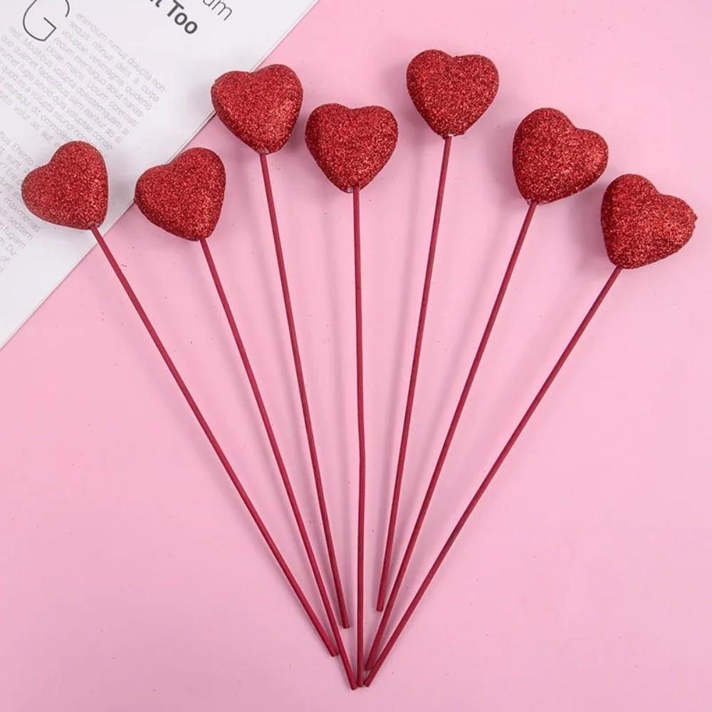 10pcs Exquisite Glitter Hearts Stick Foam DIY Red Heart Branch Flower Bouquet Vase Pick Stick Wedding Accessory