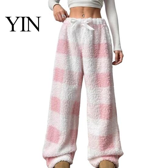 Autumn Winter Warm Pajamas Women Plaid Wide Leg Pants, Drawstring High Waist Thick Coral Fleece Breathable Thermal Lounge Trousers Loungewear,