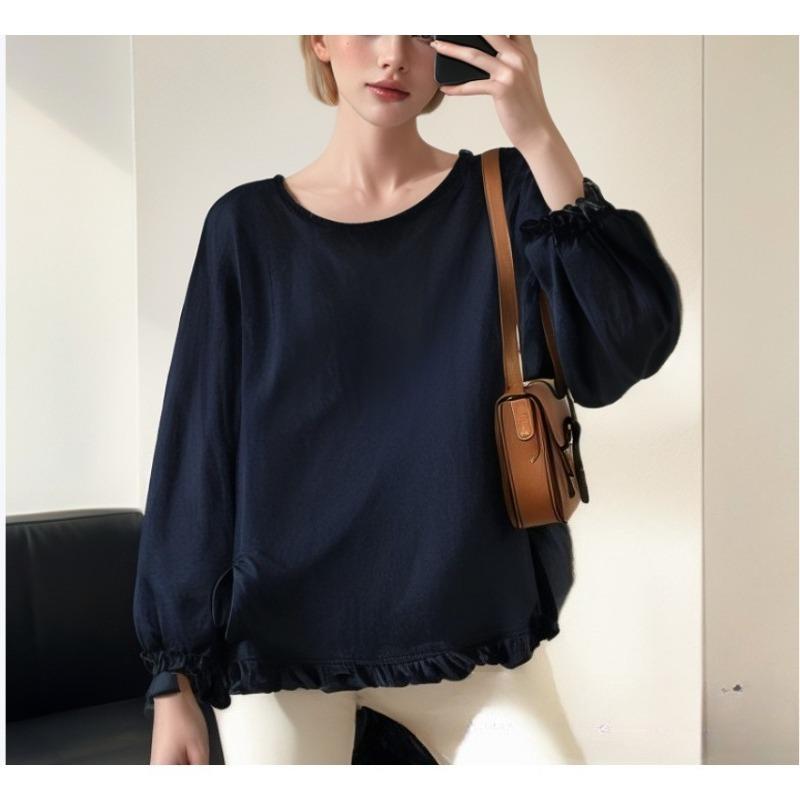 Women's Cotton and Linen T-shirt Loose Ruffled Sleeves Round Neck Long-sleeved Shirt