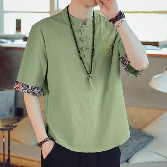 Pánské tričko s stojáčkem, čínský vintage styl, jednobarevný tištěný vyšívaný volný poloviční rukáv, měkké, plus velikost