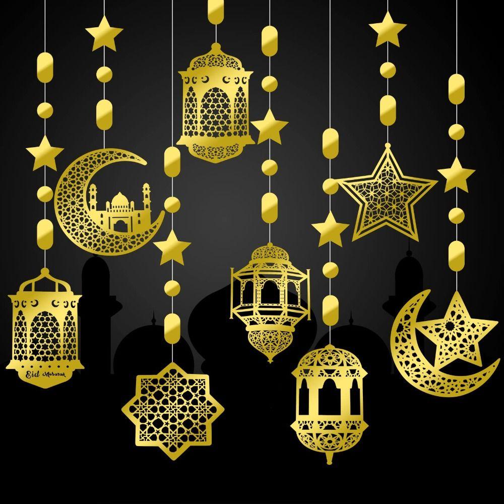 8Pcs Paper Garland Hanging Banner Pendant Star Moon Design Eid Mubarak Banner  Home Decor