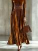 2025 Women's Elegant Gold Velvet Long Sleeve Waist-Gathering Big Swing Dress for Autumn/Winter