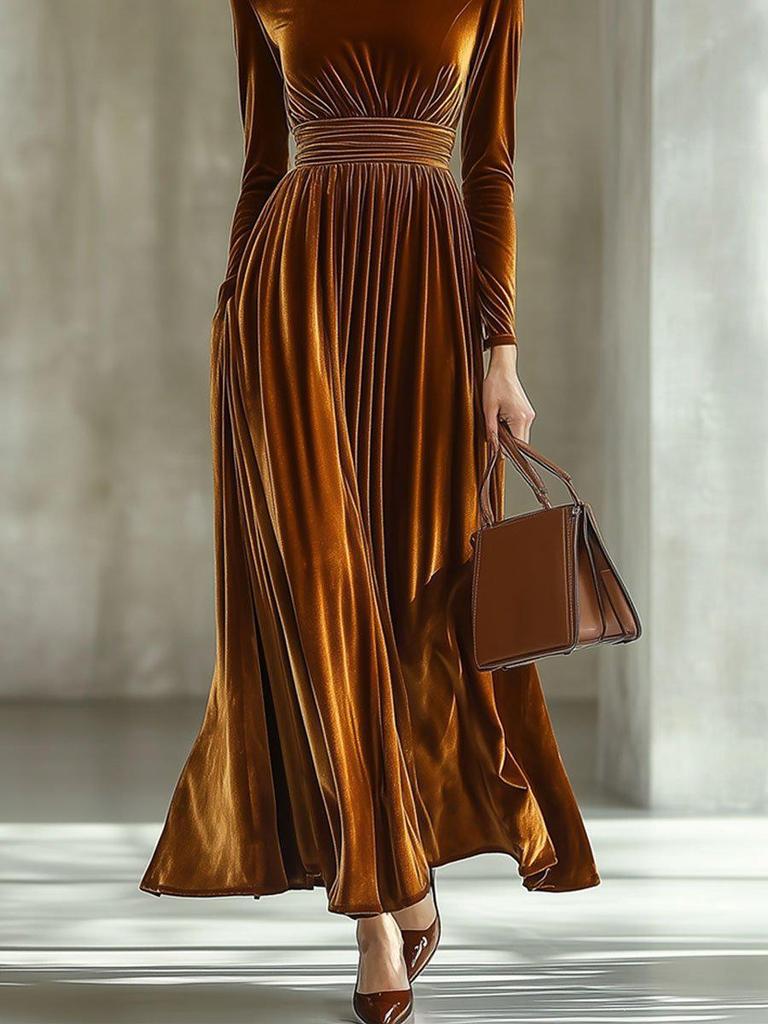 2025 Women's Elegant Gold Velvet Long Sleeve Waist-Gathering Big Swing Dress for Autumn/Winter