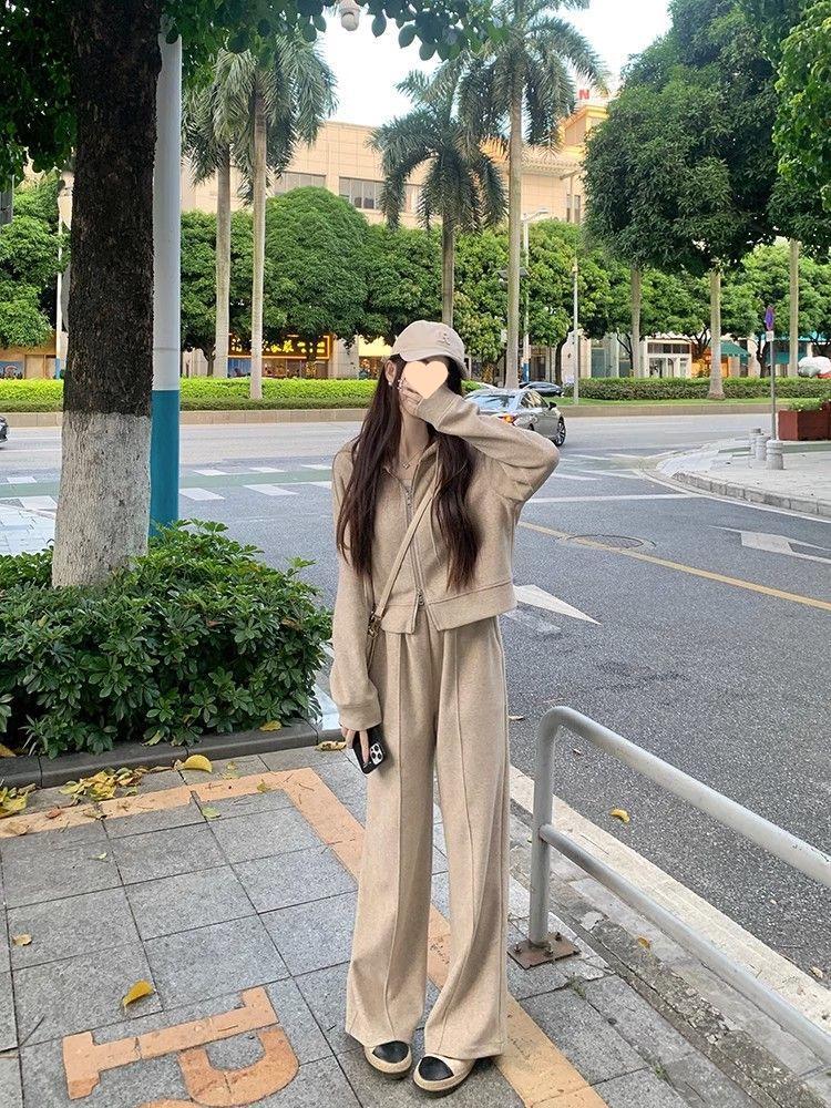 Women's Two-Piece Hooded Zip-Up Sweatshirt & Wide-Leg Pants Set - Casual, Loose Fit for Spring & Autumn, Trendy Korean Style