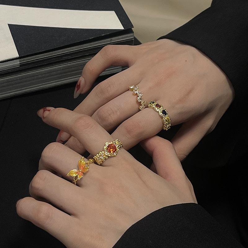 The Same Open Ring Gold Light Luxury High Sense Medieval Court Style Butterfly Color Zircon Woman