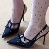 Polka dot black high heels sweet cute stiletto bow sexy empty sandals rhinestones