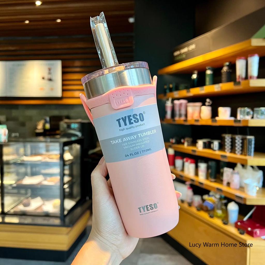 TYESO Tasse Thermo-Edelstahl-Kaffeetasse, Doppel-Thermosflasche, Isolierflasche, isolierte Reise-Auto-Bierbecher mit Strohhalm