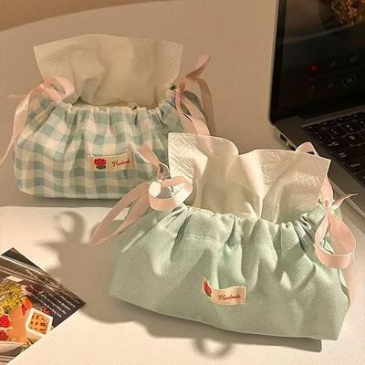 Blue Plaid Bow Tissue Bag: Single-layer Drawstring Cover for Living Room or Bedroom Storage