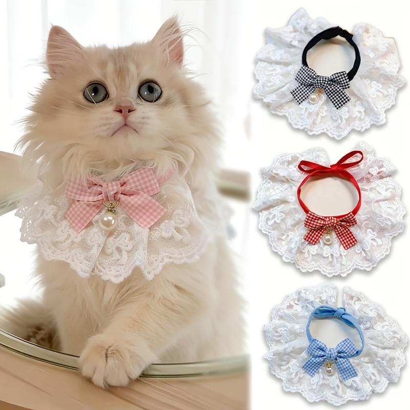 Pearl Bow Lace Pet Scarf, Checkered Adjustable Collar for Cats & Dogs, Party Photo Accessory