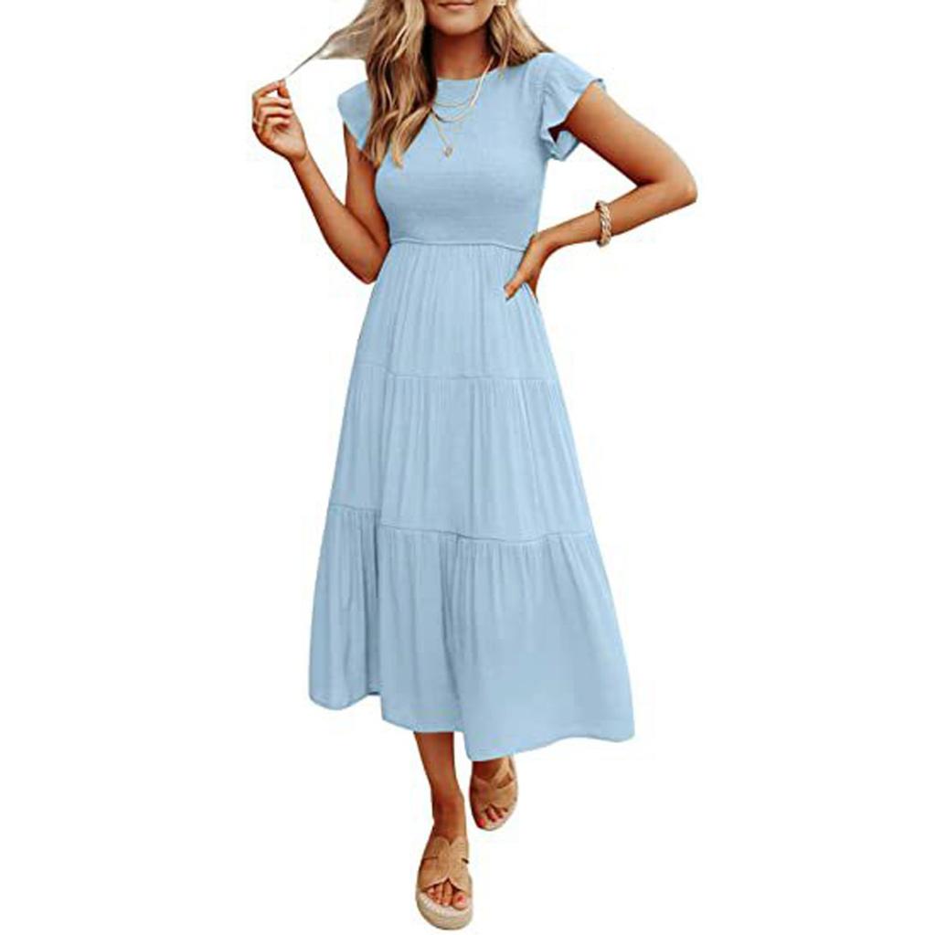 Mode Damen Freizeitkleid Mittellang Boho Schmetterlingsärmel A-Linie Langes Kleid