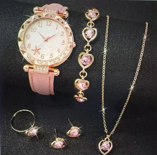 6Pcs/Set Fashionable Diamond-Encrusted Butterfly Love Belt Quartz Watch + Pink Love Gemstone Set