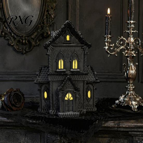 Gothic Cabinet Ornament Lighted Halloween Village House Statue with LED Light, Spooky Bookshelf Display Piece Black Figurine for Tabletop Holiday Home