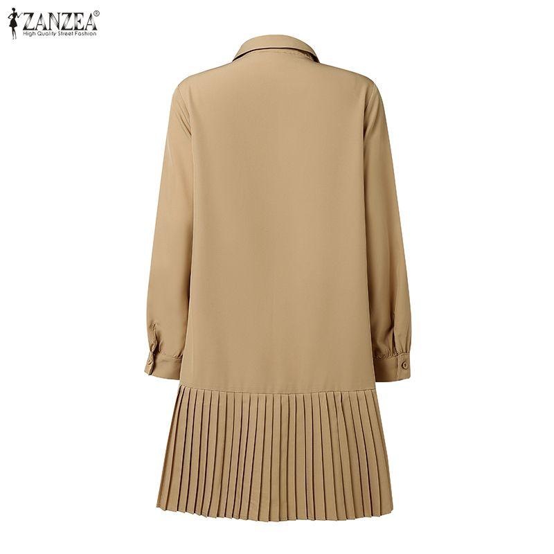 ZANZEA Damska casualowa sukienka z kołnierzykiem, luźna, z długim rękawem, gładka