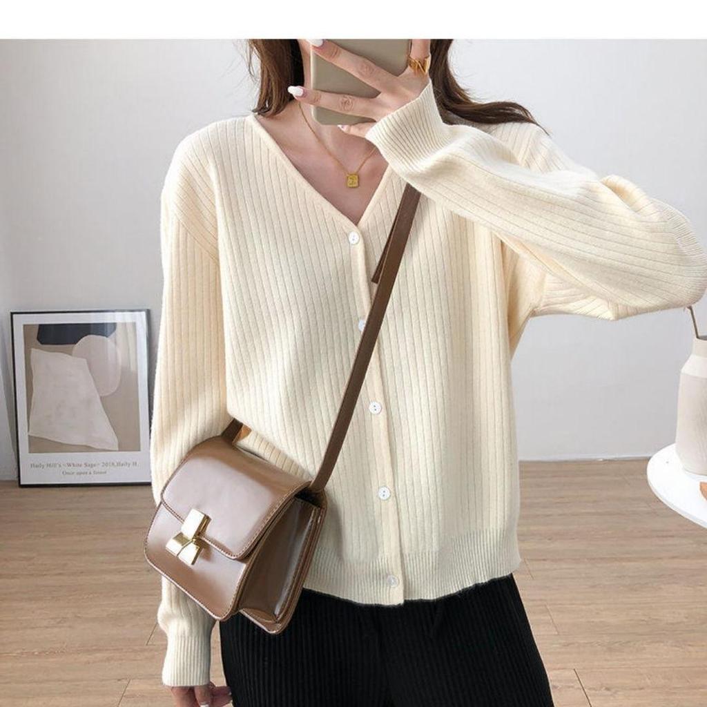 Korean Style V-Neck Ribbed Knit Cardigan for Women - Soft, Slimming, Versatile, Loose Fit, Long Sleeve, 2026 Spring Collection.