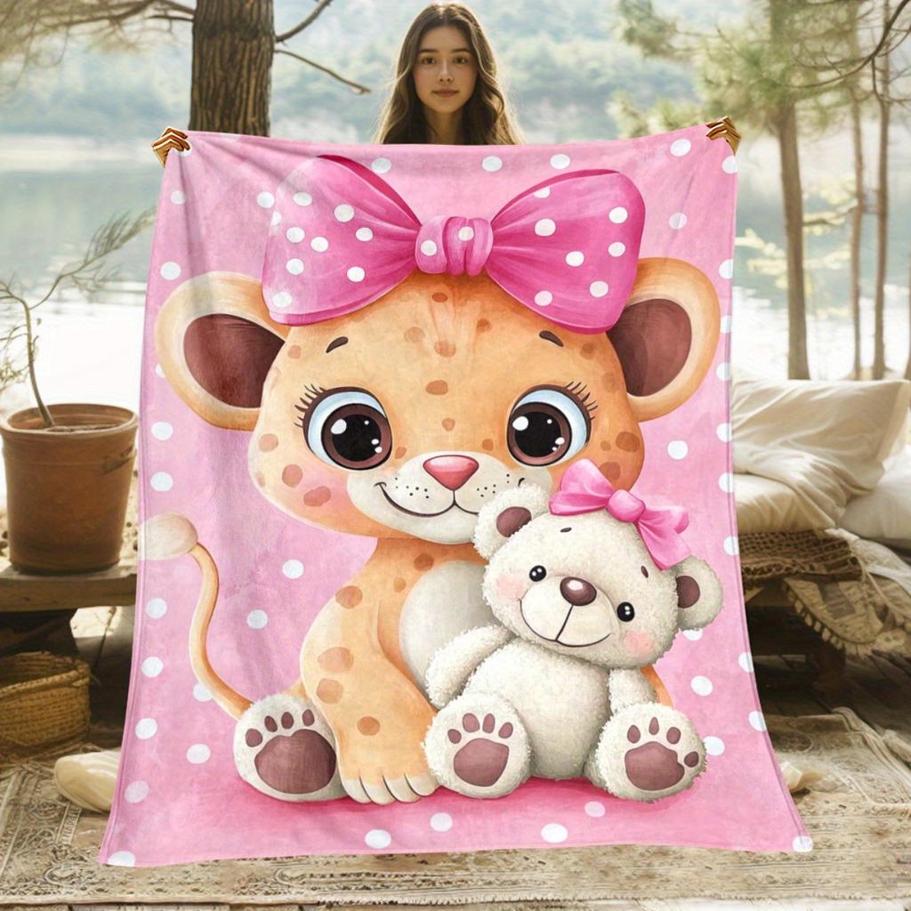 Cute Leopard Cub Flannel Blanket Pink Polka Dot Background Baby Animal Art Teddy Bear Hug Soft Fleece Throw Kids RoomDecorGirls