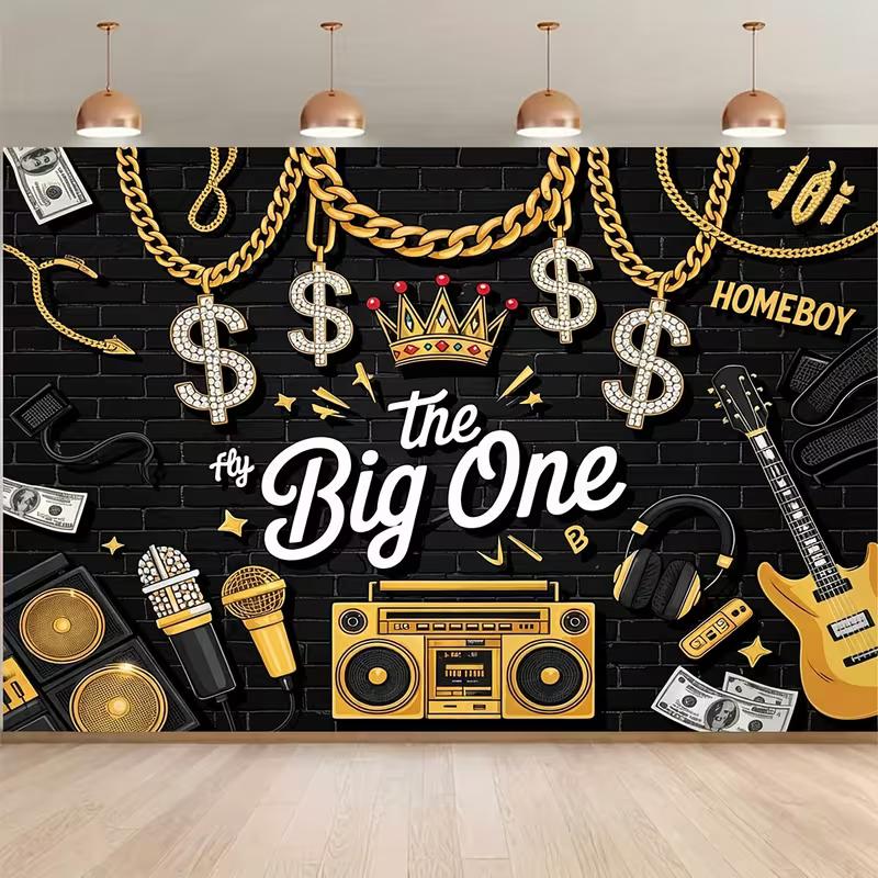 

2D 90s Rap Themed Backdrop The Big One with Money, Chains & Crown Background 47.2x31.5inch/120*80cm