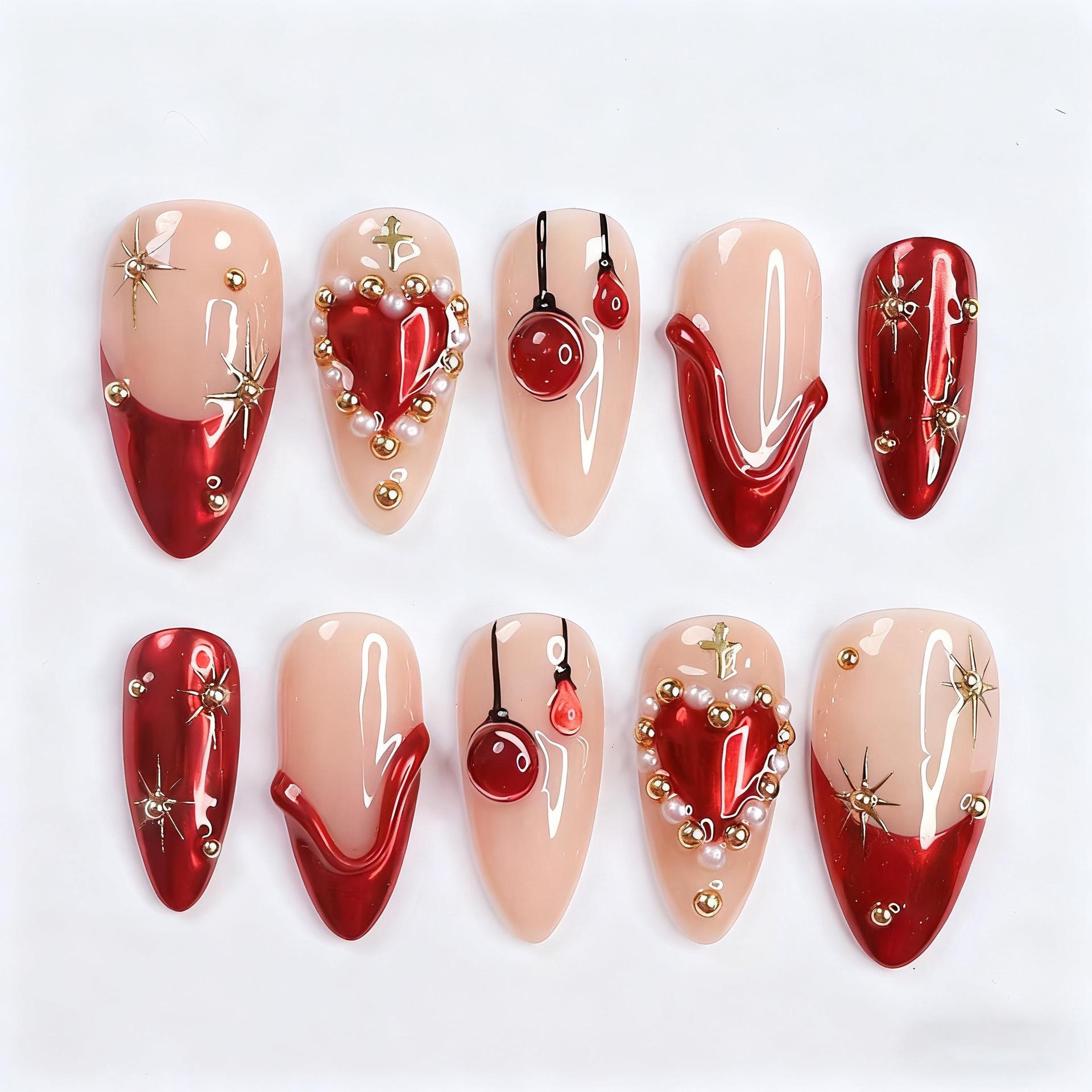30-Piece Valentine s Day Almond Manicure Nail Tips with 3D Heart & Star Design - French Style
