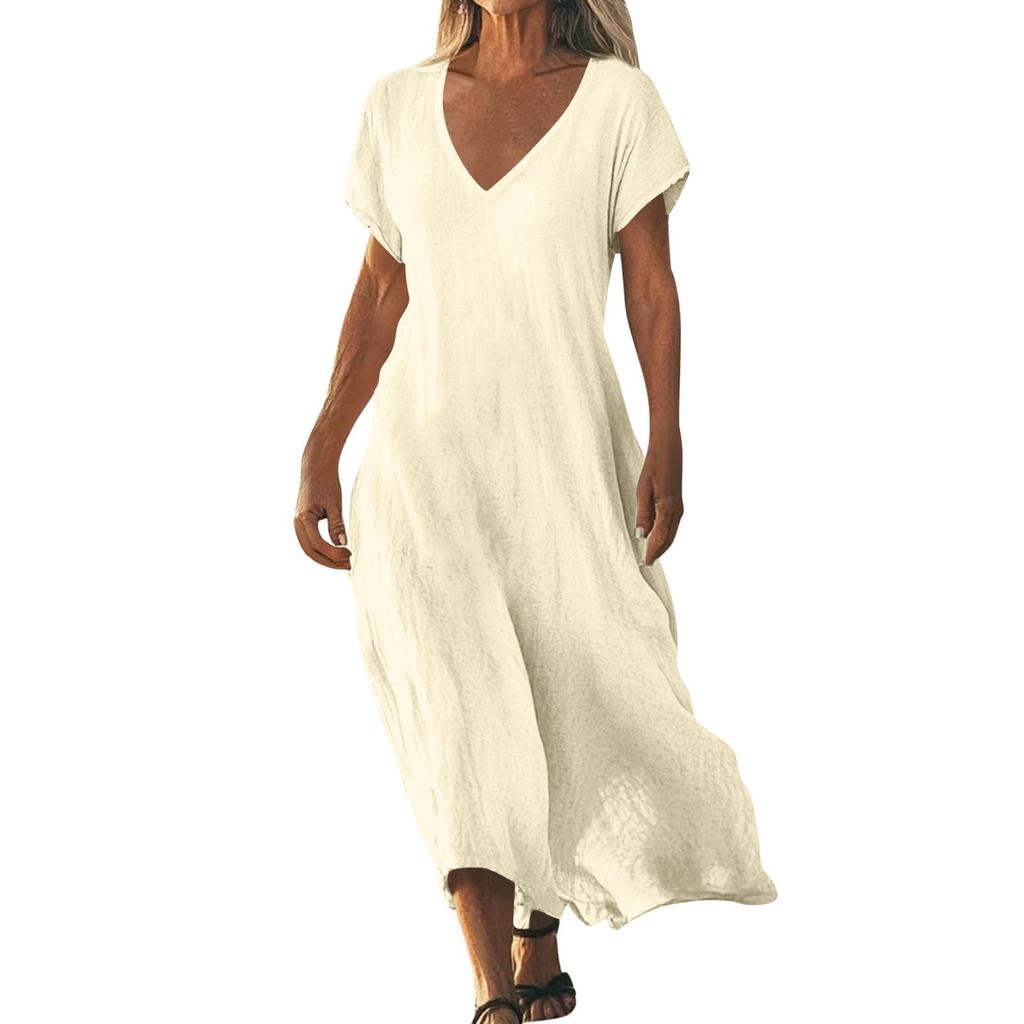 Fashion Women's Solid Color V-neck Long Dress Loose
