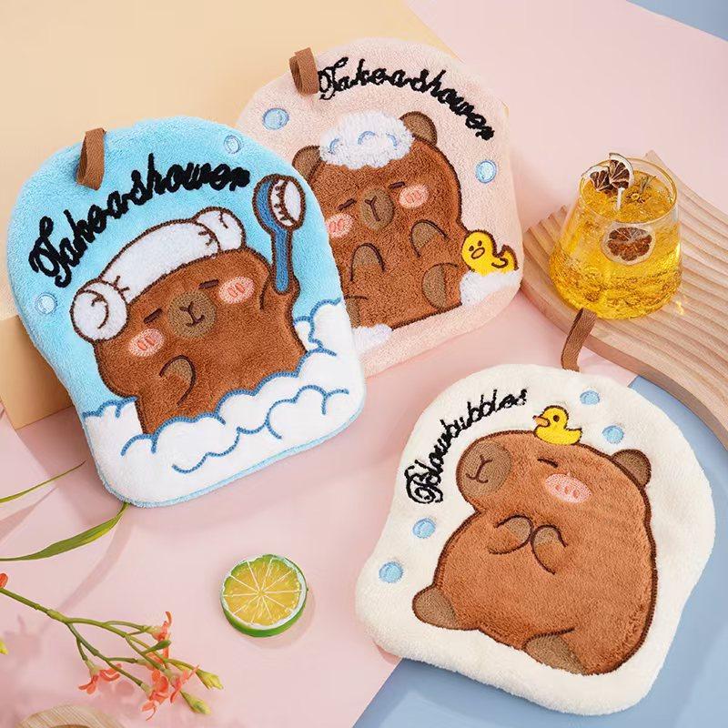 Capybara Hand Towel Kitchen Bathroom Absorbent Cleaning Cloth Cartoon Hanging Quick Drying Coral Fleece Thick Rag Household
