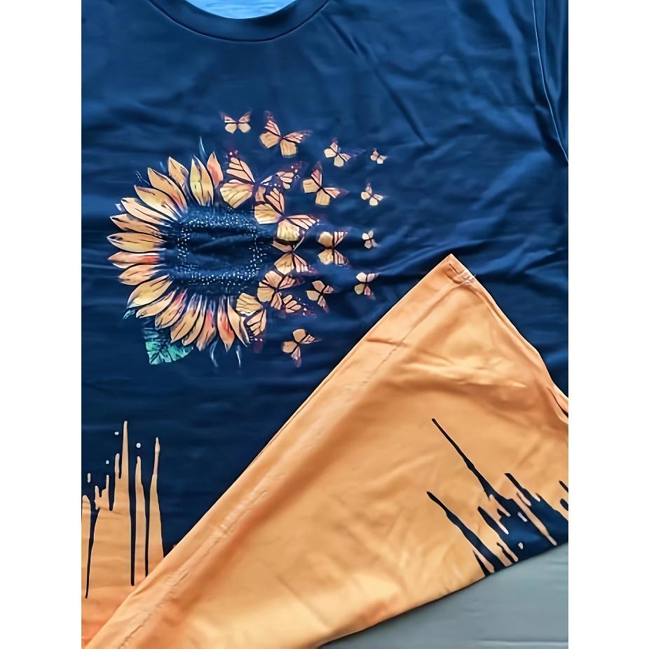 Tricou de damă cu imprimeu floral - Galben viu și albastru margaretă gât rotund mânecă scurtă top casual pentru toate anotimpurile tricouri de damă