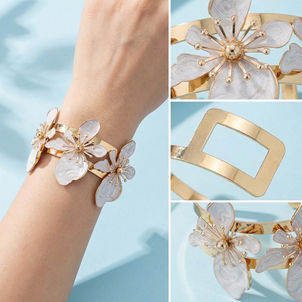 Bohemian Duży Kwiatowy Otwarty Bransoletka dla Kobiet Statement Floralna Bransoleta Letnia Plażowa Ślubna Imprezowa Biżuteria Prezent