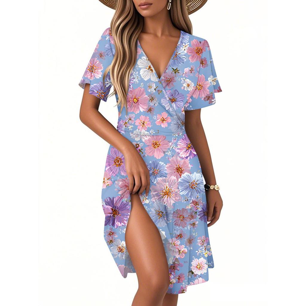 Women's Fashion Short Sleeve Wrap Sundress V-Neck Floral Print Dresses