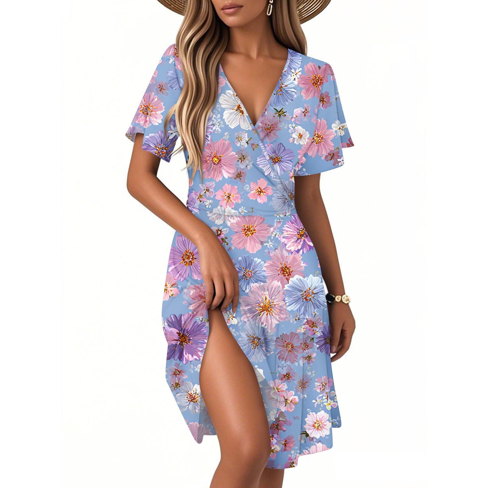 

Жіночий модний сарафан з коротким рукавом на запах, з V-подібним вирізом, з квітковим принтом S рожевий