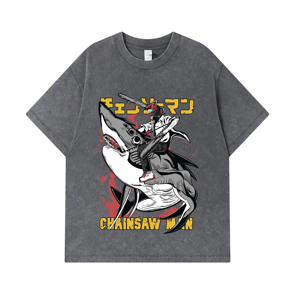 275 GSM Washed T-shirts 100% Cotton Chainsaw Man V43 Denji Print Unisex Heavy Cotton T Shirt