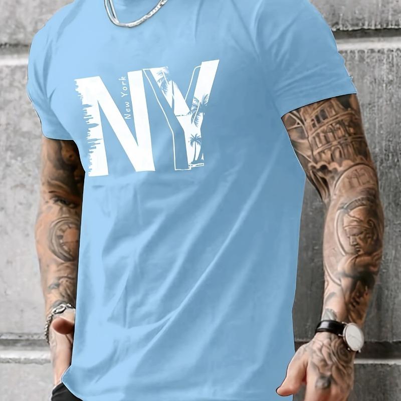 

Summer men s 100% cotton casual loose plus size NY letter printed sports comfortable round neck short sleeved T-shirt top XL