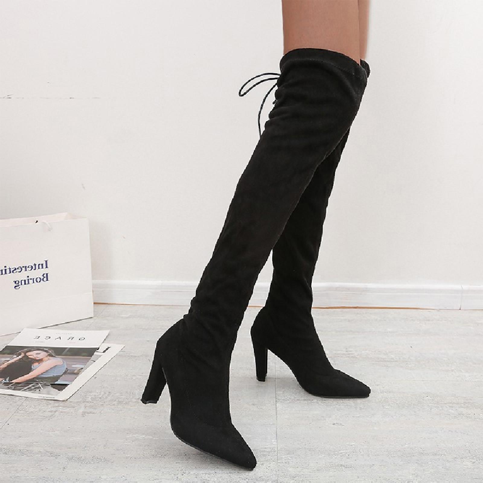 Зимние и осенние сапоги. Женские замшевые длинные сапоги с острым носком. Туфли — фото 10