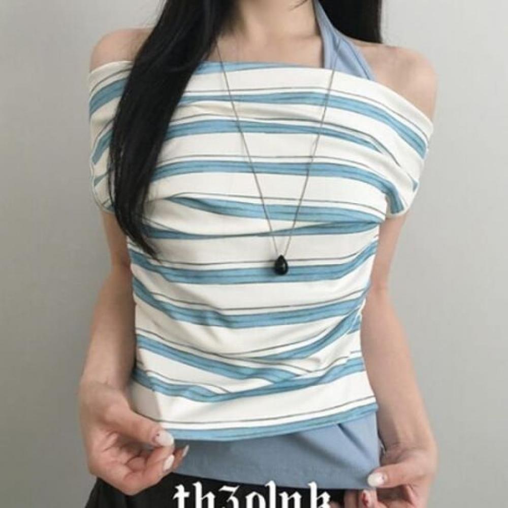 The Pink Minyu HalTerneck STripe AsymmeTrical Off Shoulder Side Shirring T shirT