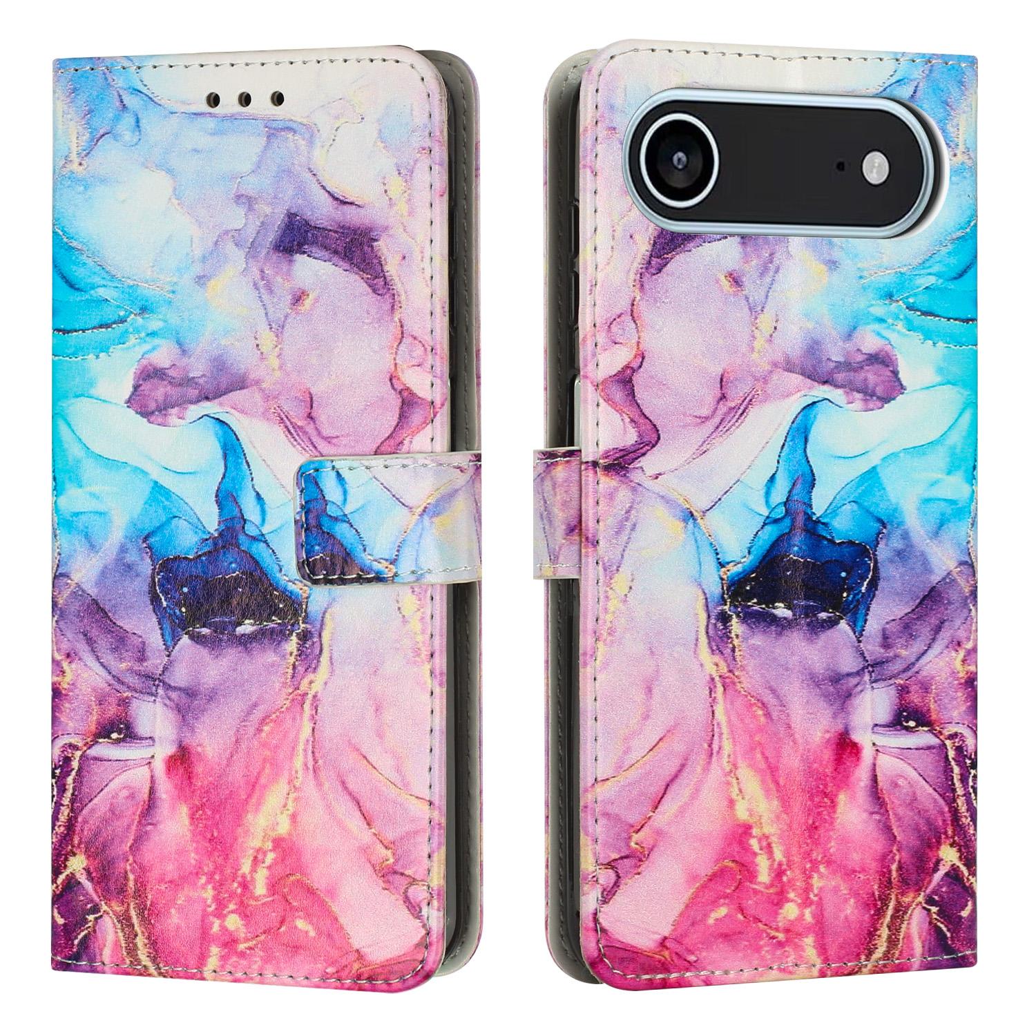 

For iPhone 17 Air Stand Case Marble Pattern PU Leather Wallet Phone Cover Pink/Purple