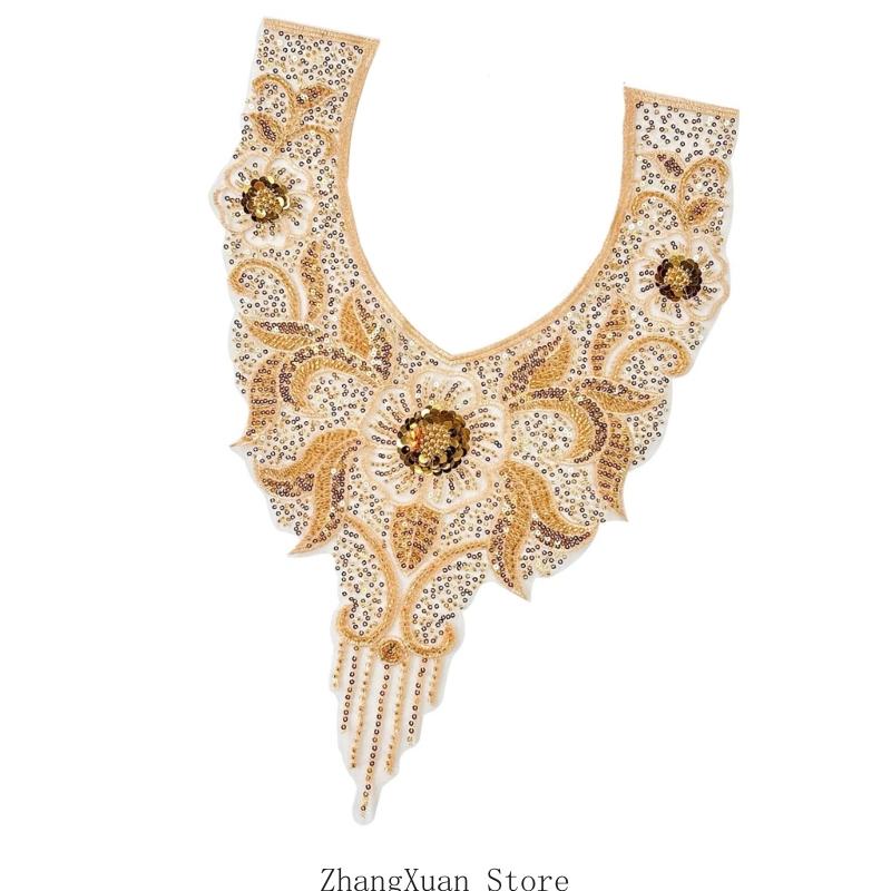 Aplikacja z haftowanych koralików na suknię ślubną, suknię wieczorową, naszywki do przyszycia na kołnierz, koralikowe cekiny, naszywki do przyszycia, aplikacja