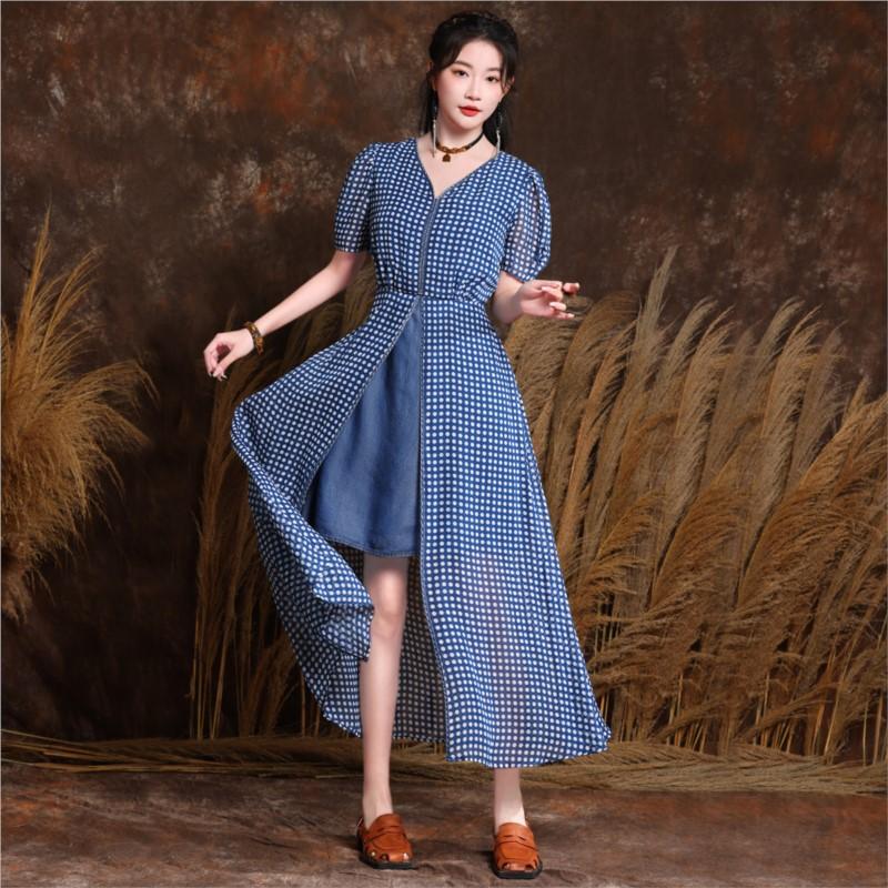 Johnature Summer Women Vintage Polka Dots Dress Fashion Splicing Cotton Short Sleeves V-Neck Casual Dress