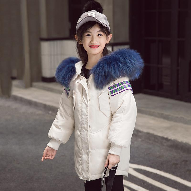 Ropa para Niños Chaqueta de Plumón para Niñas Largo Medio Estilo Coreano Ropa Nueva para Niños Cuello de Piel Suelta Invierno