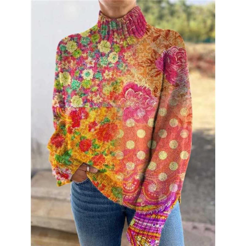 Womens Christmas Print High Neck Sweater Loose Fit Casual Long Sleeve Top