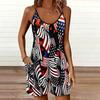 Womens Sleeveless Spaghetti Strap Romper American Style  Print Pocket Short Jumpsuit