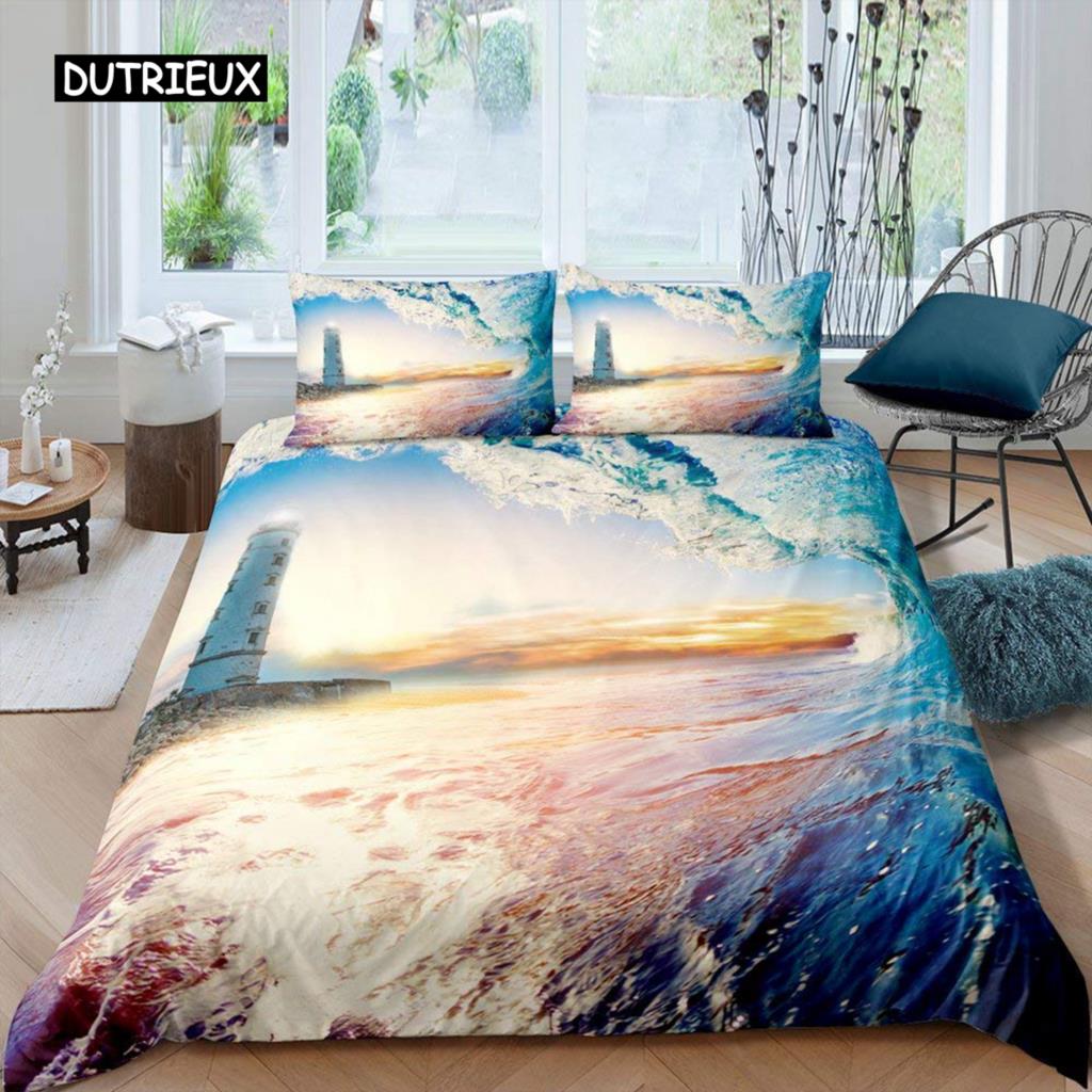 Lighthouse Duvet Cover Set Nautical Surfing Ocean Wave Bedding Set Queen Polyester Coastal Nature Theme Quilt Cover for Kids Boy