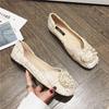 Fashion String Bead Flats Women Round Buckle Ballet Shoes Shallow Moccasins Femme Square Toe Mixed Colors Tweed Fabric Ballerinas Ladies