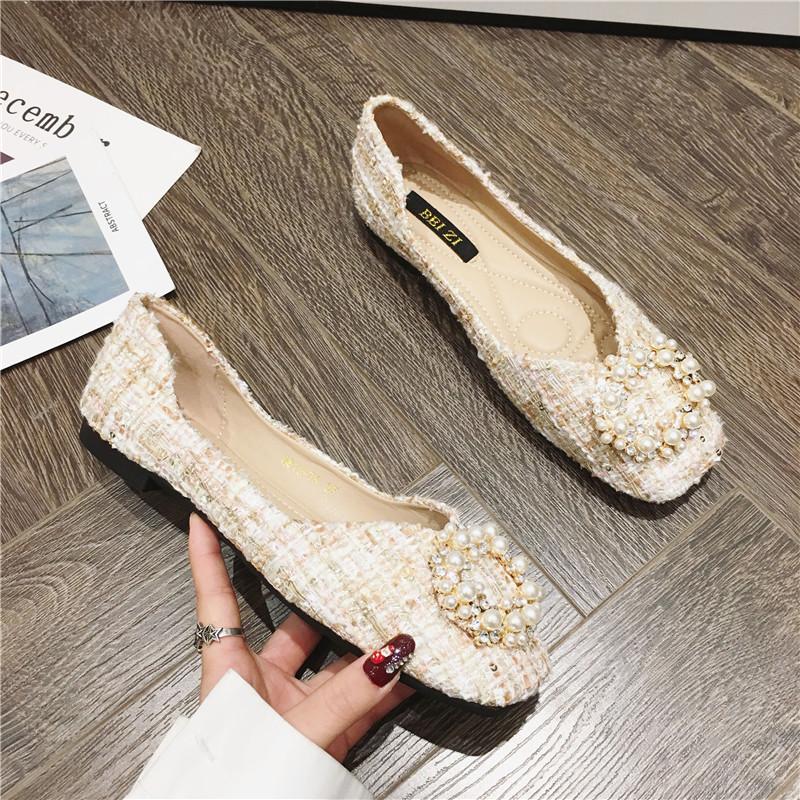 Fashion String Bead Flats Women Round Buckle Ballet Shoes Shallow Moccasins Femme Square Toe Mixed Colors Tweed Fabric Ballerinas Ladies