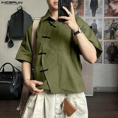 Summer Men Lapel Neck Short Sleeve Side Knot Casual Loose Shirts