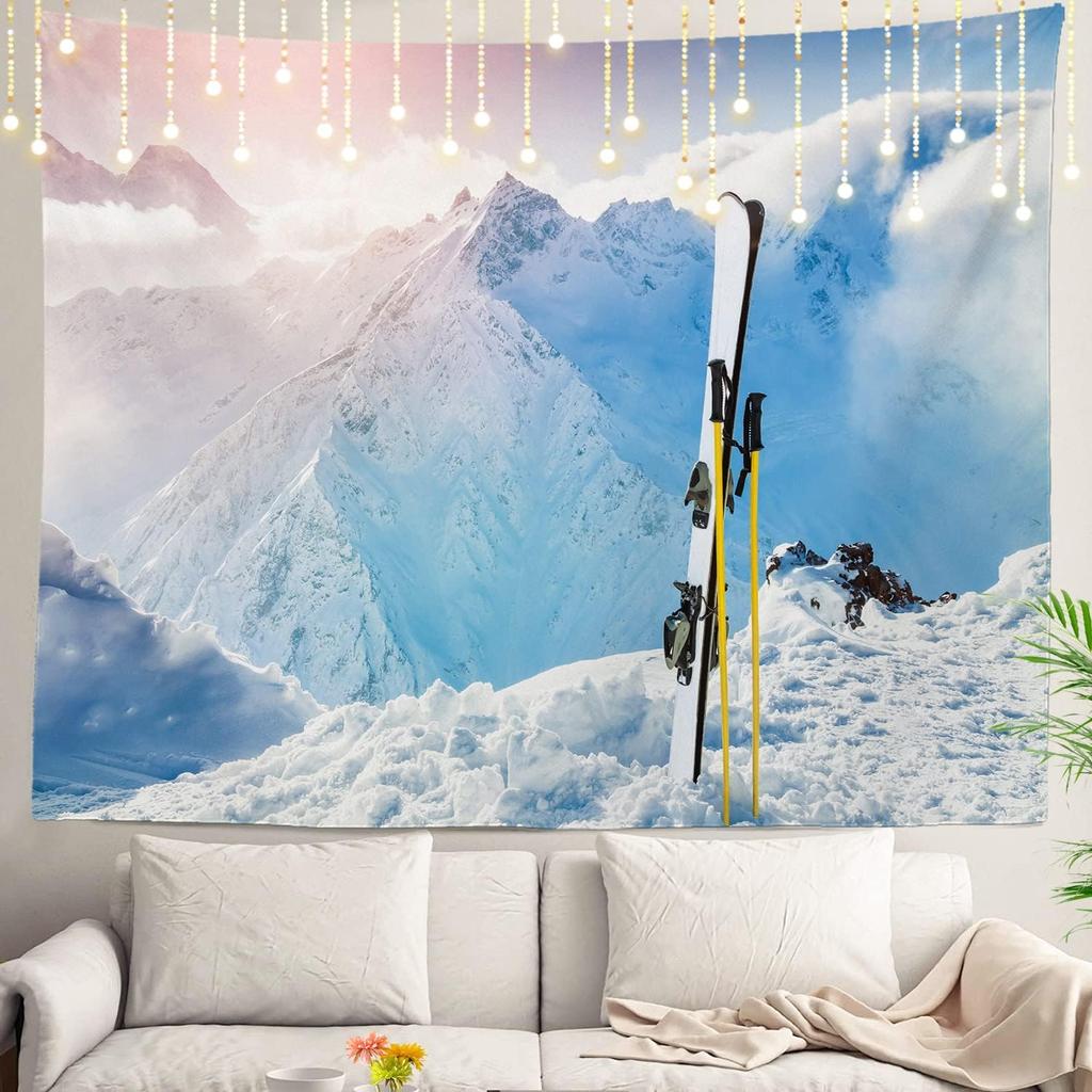 White Winter Snow Wall Tapestry, Colorful Three Wall Hanging Large Tapestry Decoration Polyester Fiber White Hem Around for Dorm