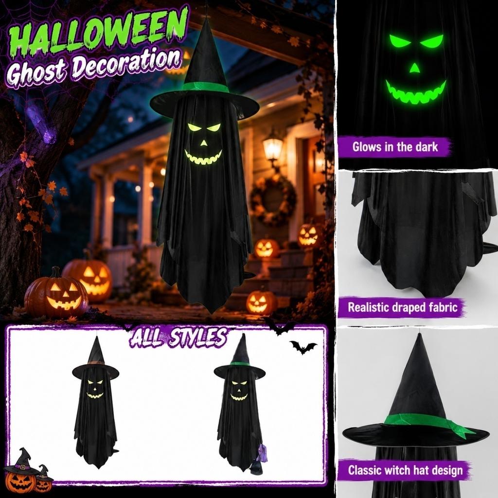 Halloween Hanging Ghost Decoration with Witch Hat Indoor Outdoor Hanging Prop for Party Haunted House Yard Display